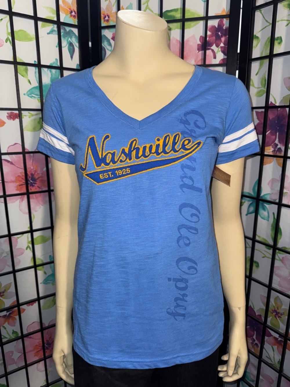 Nashville V-Neck Women's Tee in Blue with Stripe Sleeves